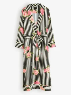 Rockett St George Black/White Flower Power Stripe Satin Robe Sale