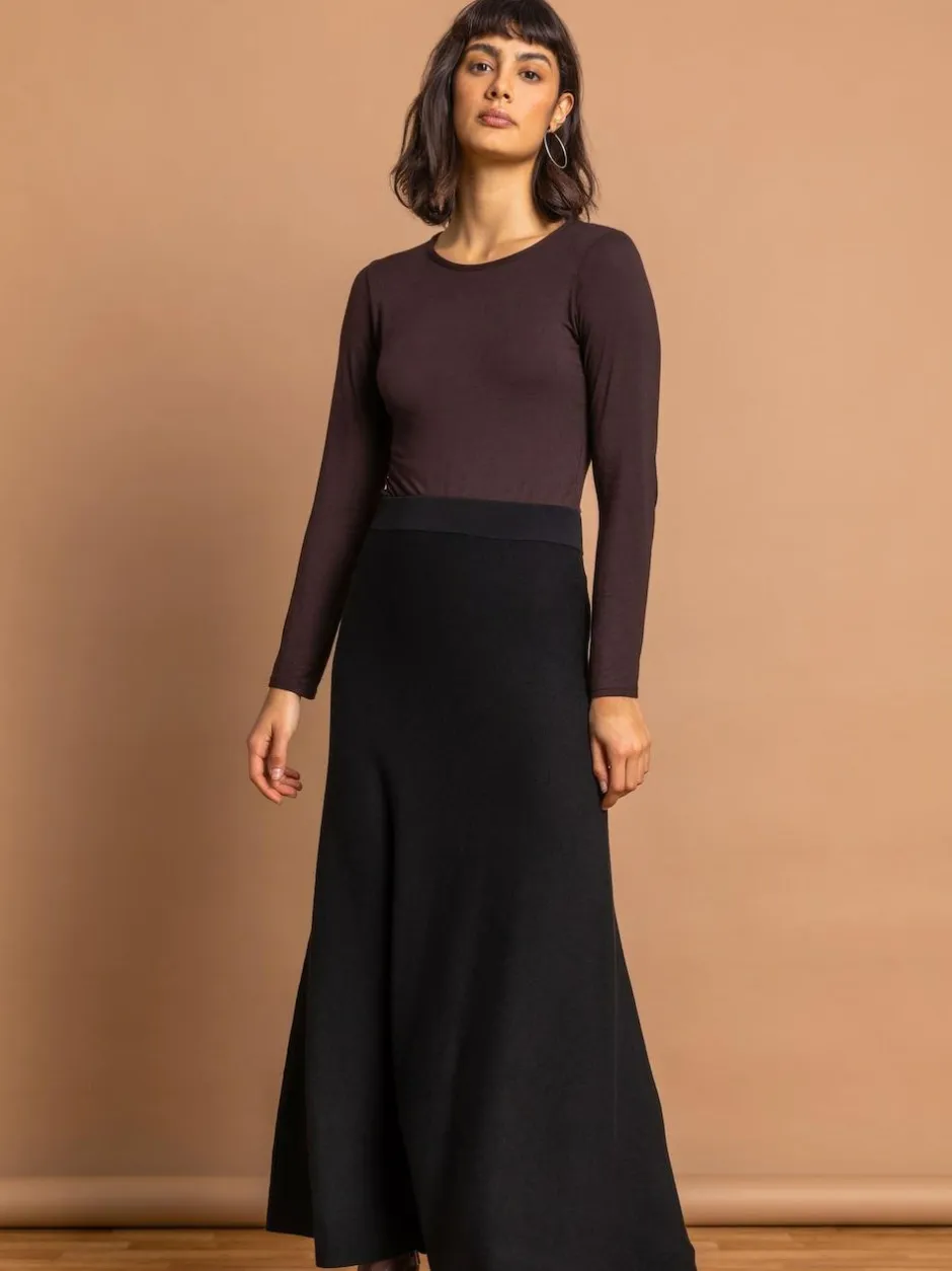 Roman Knitted Midi Stretch Skirt Black New
