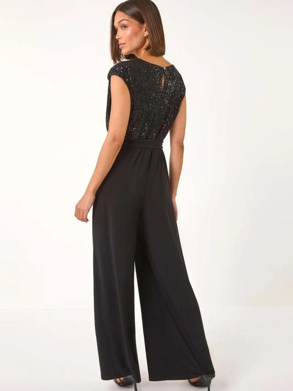 Roman Sequin Bodice Cowl Neck Jumpsuit Black Clearance