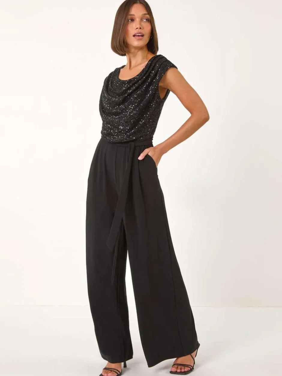 Roman Sequin Bodice Cowl Neck Jumpsuit Black Clearance