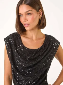 Roman Sequin Bodice Cowl Neck Jumpsuit Black Clearance