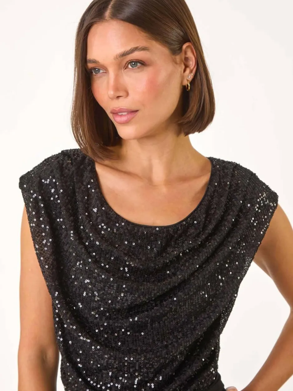 Roman Sequin Bodice Cowl Neck Jumpsuit Black Clearance