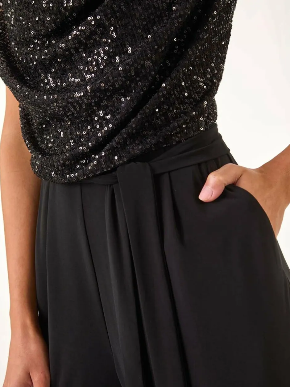 Roman Sequin Bodice Cowl Neck Jumpsuit Black Clearance