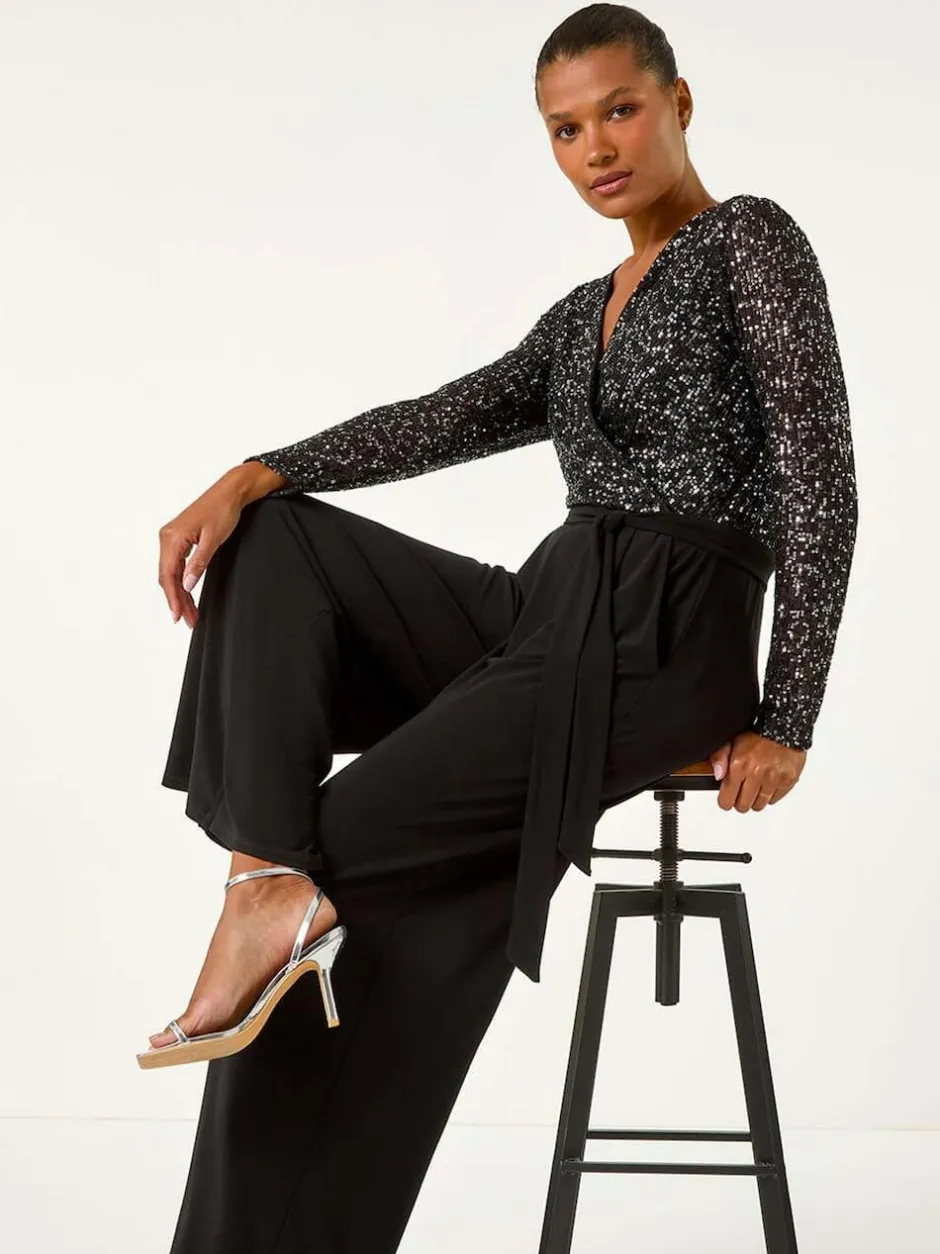 Roman Sequin Wrap V-Neck Stretch Jumpsuit Black Outlet