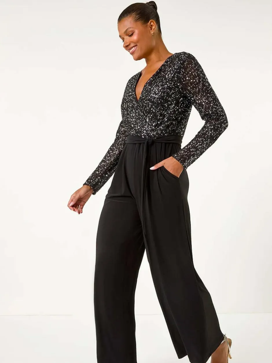 Roman Sequin Wrap V-Neck Stretch Jumpsuit Black Outlet