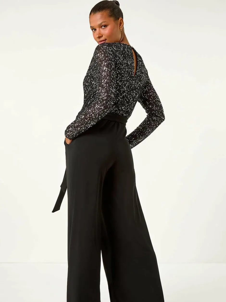Roman Sequin Wrap V-Neck Stretch Jumpsuit Black Outlet