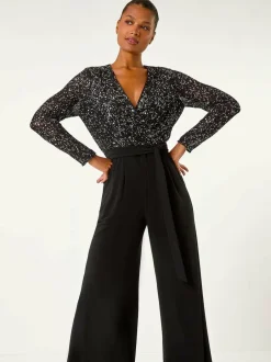 Roman Sequin Wrap V-Neck Stretch Jumpsuit Black Outlet