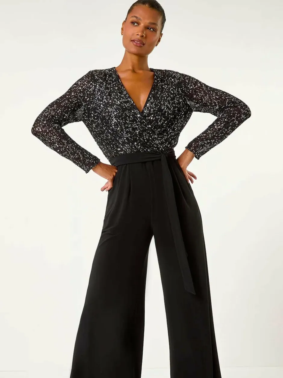 Roman Sequin Wrap V-Neck Stretch Jumpsuit Black Outlet