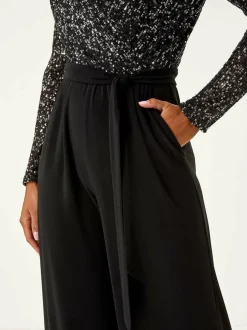Roman Sequin Wrap V-Neck Stretch Jumpsuit Black Outlet
