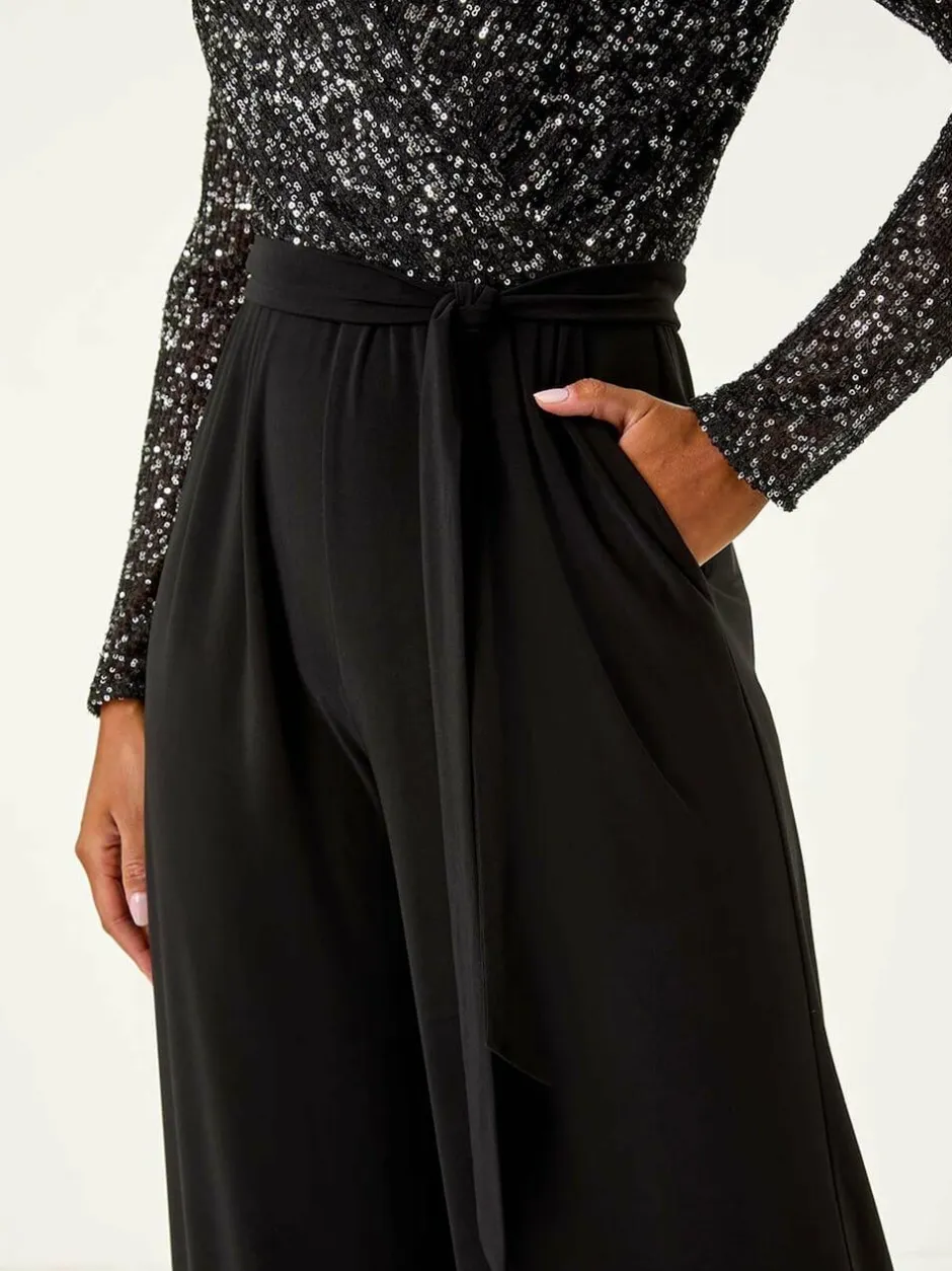 Roman Sequin Wrap V-Neck Stretch Jumpsuit Black Outlet