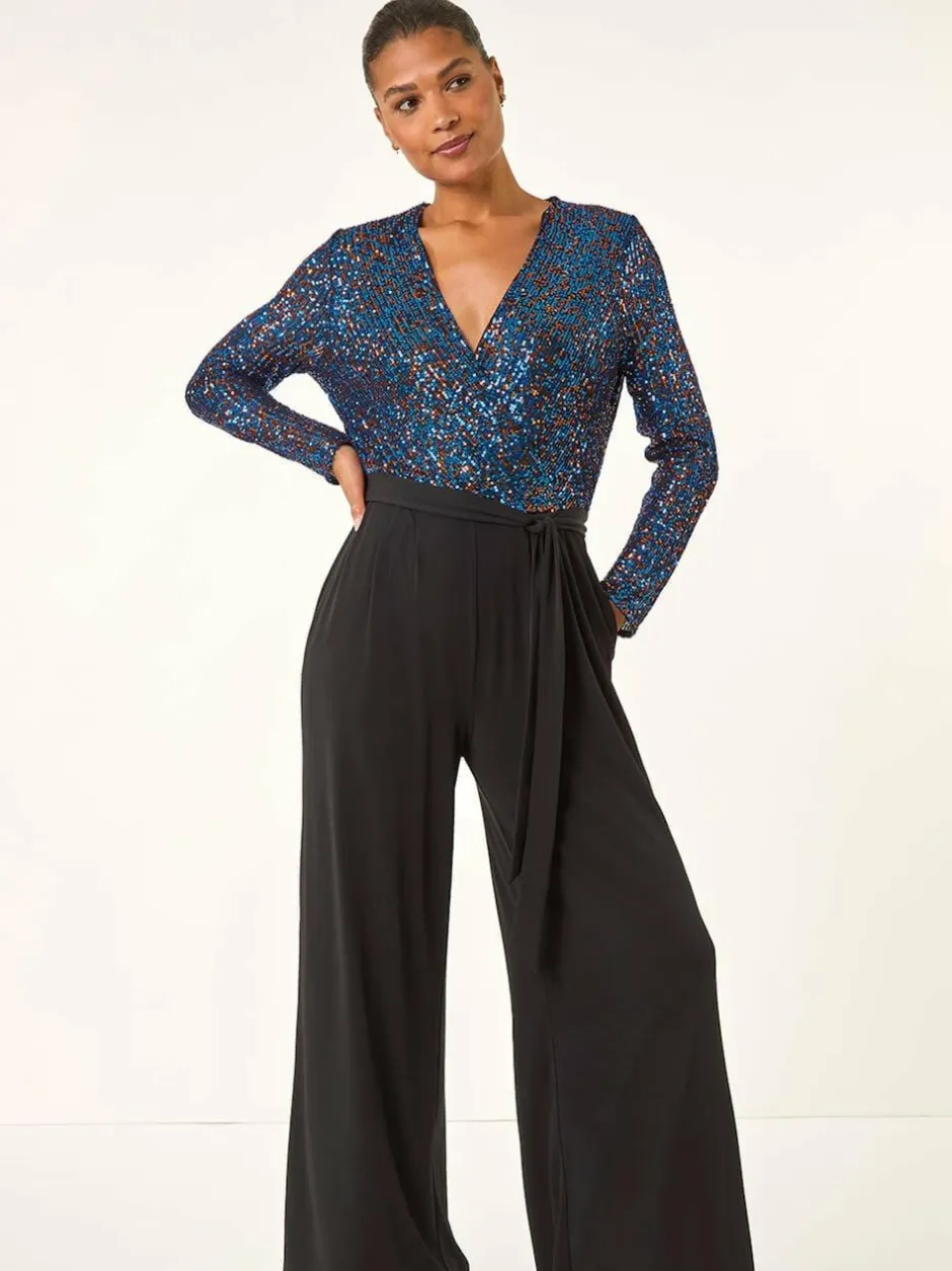 Roman Sequin Wrap V-Neck Stretch Jumpsuit Blue
