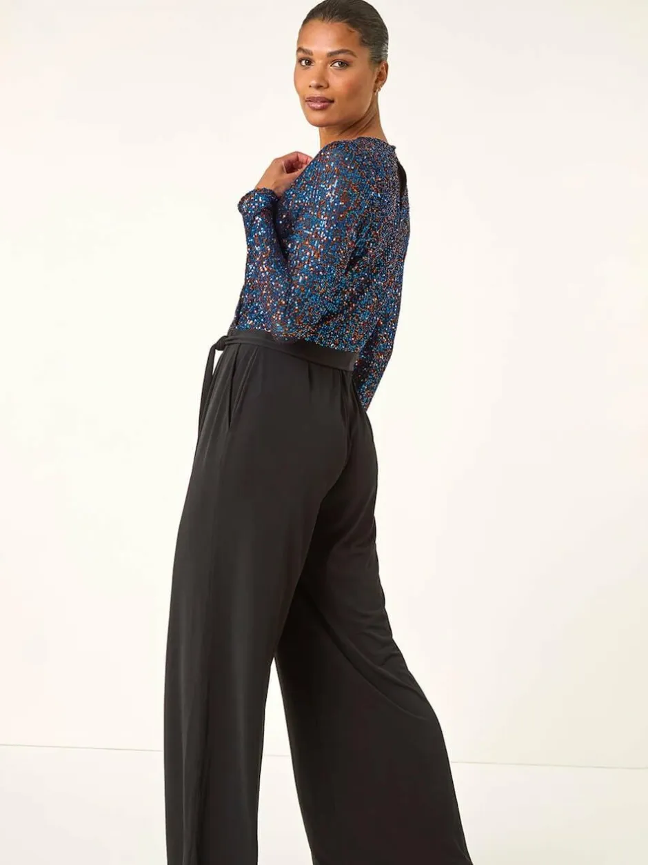 Roman Sequin Wrap V-Neck Stretch Jumpsuit Blue