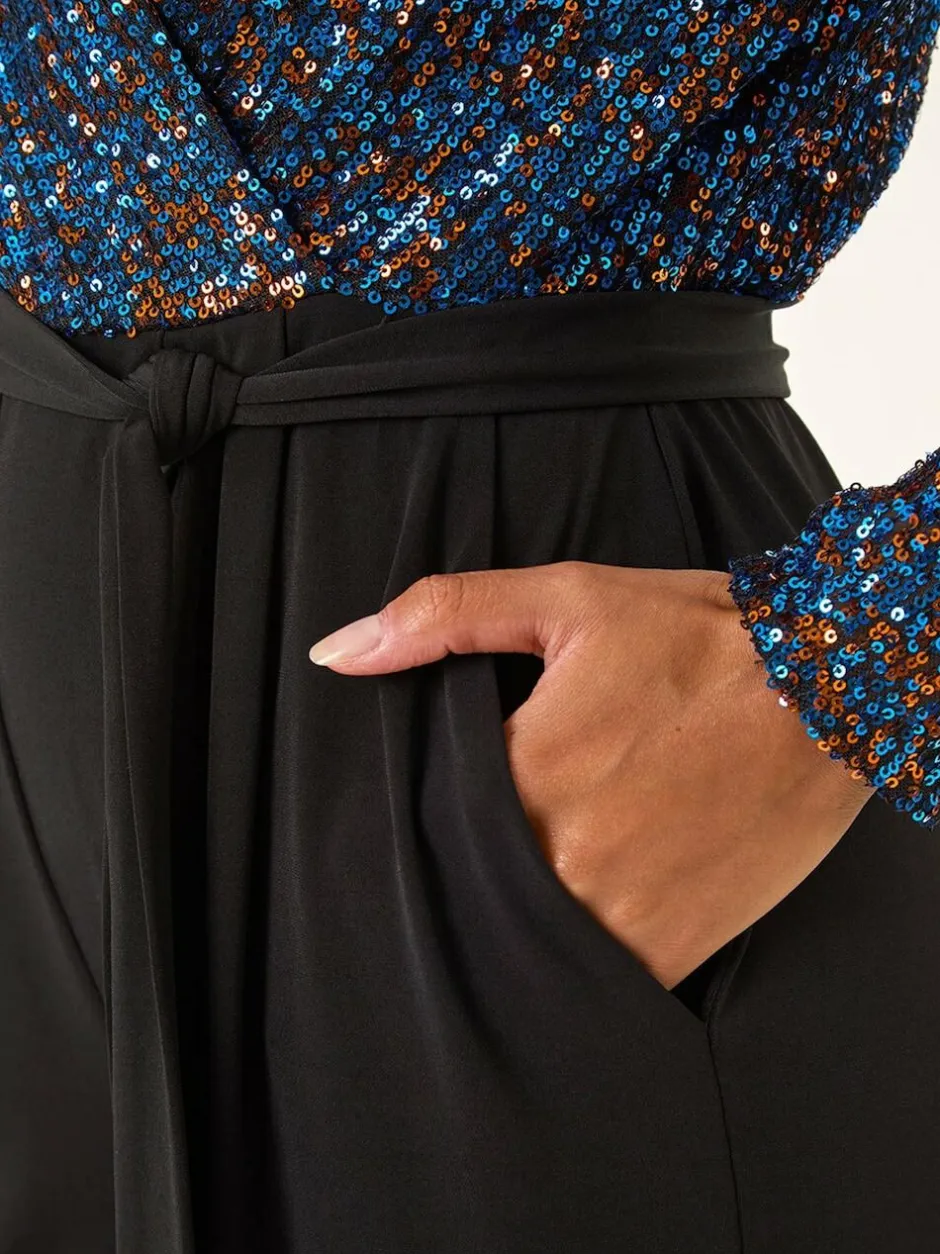 Roman Sequin Wrap V-Neck Stretch Jumpsuit Blue