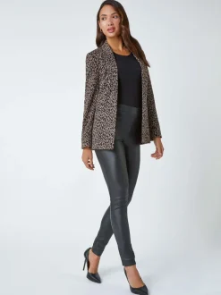 Roman Brown Animal Print Stretch Blazer Outlet