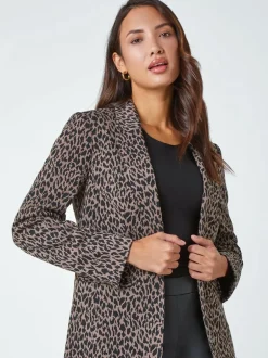Roman Brown Animal Print Stretch Blazer Outlet