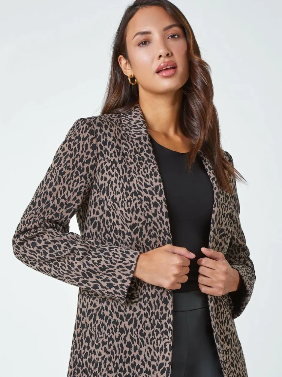 Roman Brown Animal Print Stretch Blazer Outlet
