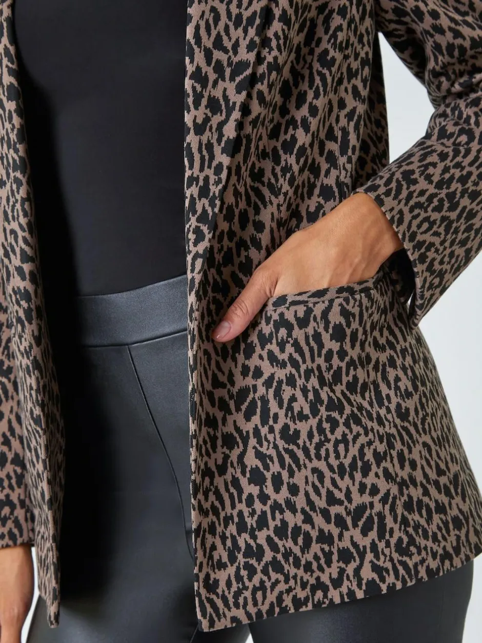 Roman Brown Animal Print Stretch Blazer Outlet