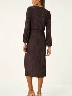Roman Brown Plisse Twist Front Midi Dress Outlet