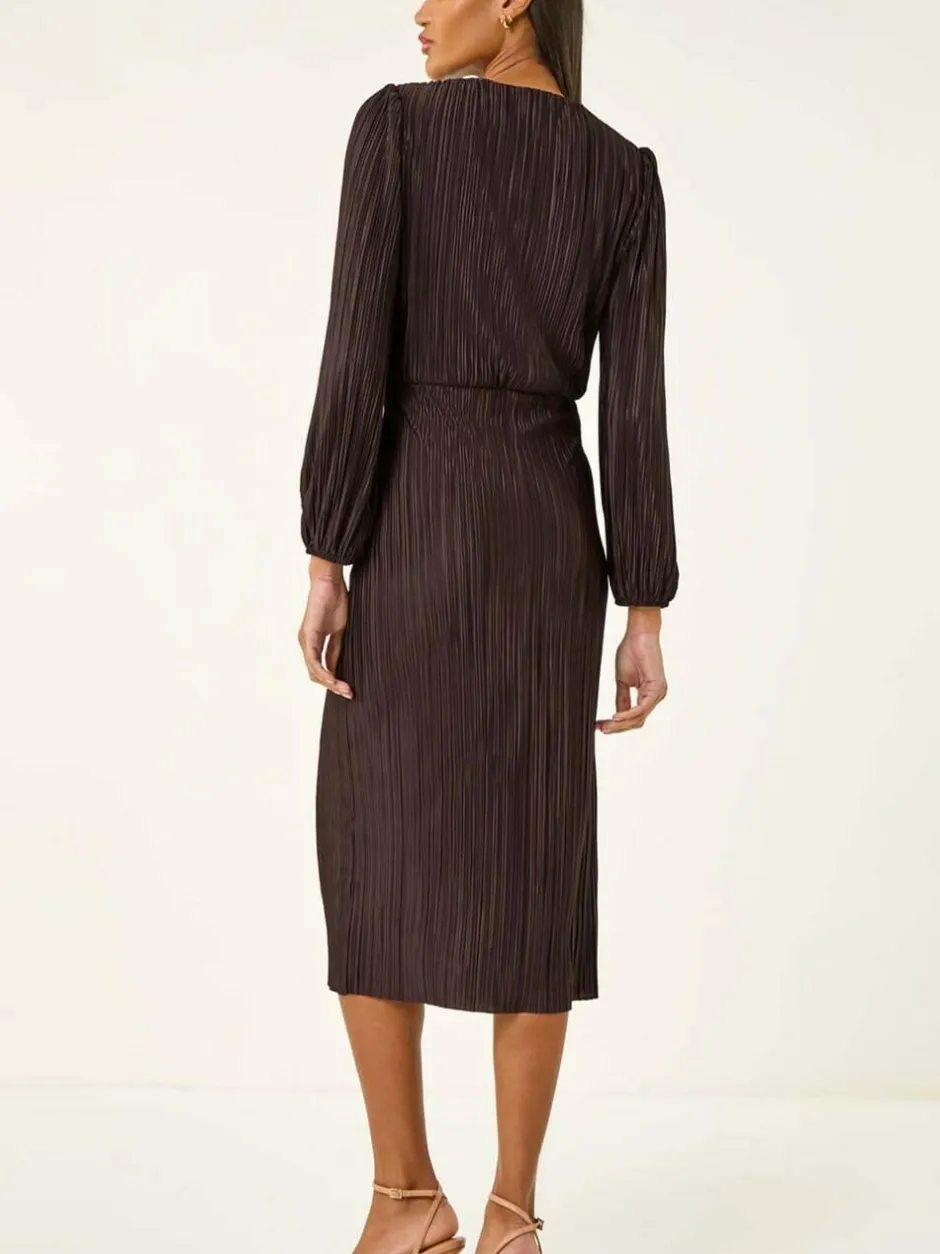 Roman Brown Plisse Twist Front Midi Dress Outlet