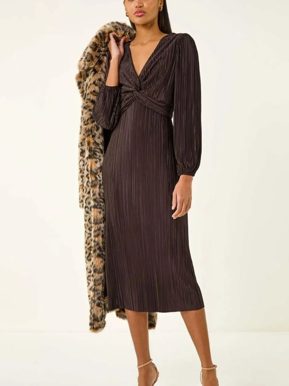 Roman Brown Plisse Twist Front Midi Dress Outlet