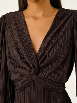 Roman Brown Plisse Twist Front Midi Dress Outlet