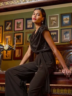 Roman Sequin Bodice Cowl Neck Jumpsuit Brown Clearance