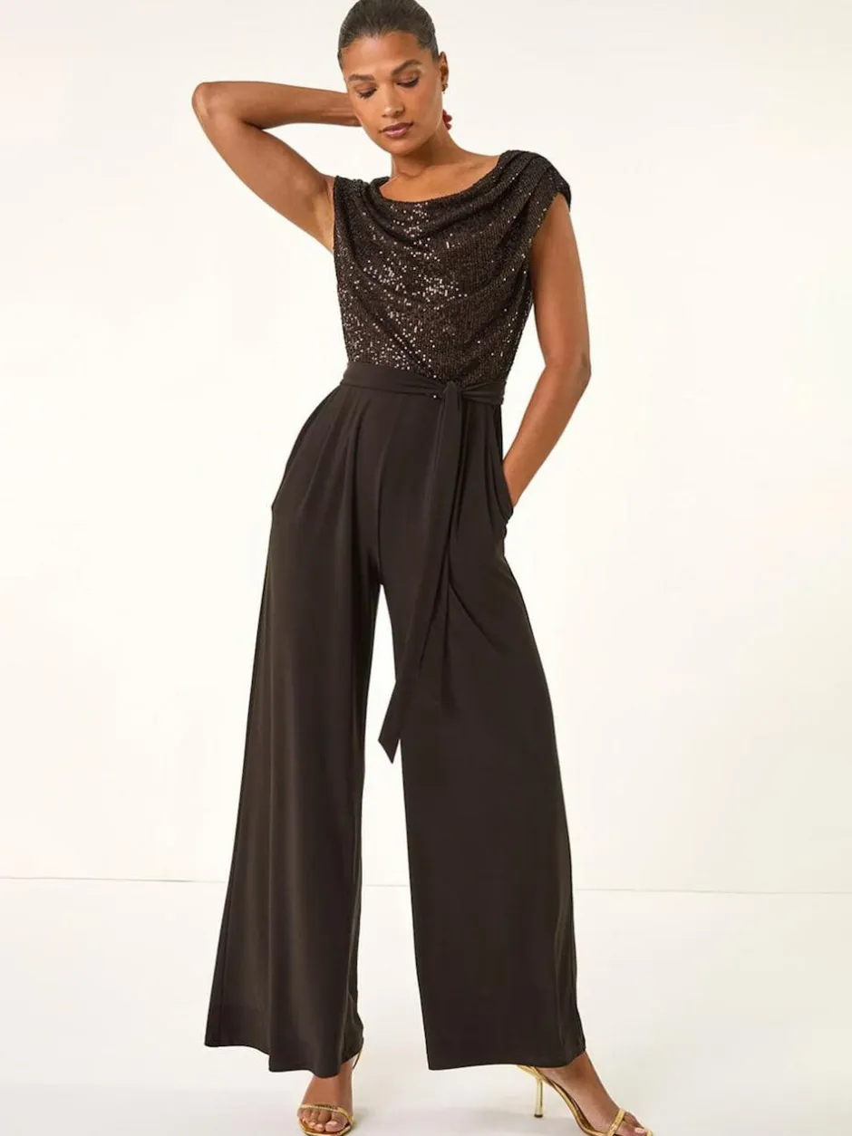Roman Sequin Bodice Cowl Neck Jumpsuit Brown Clearance