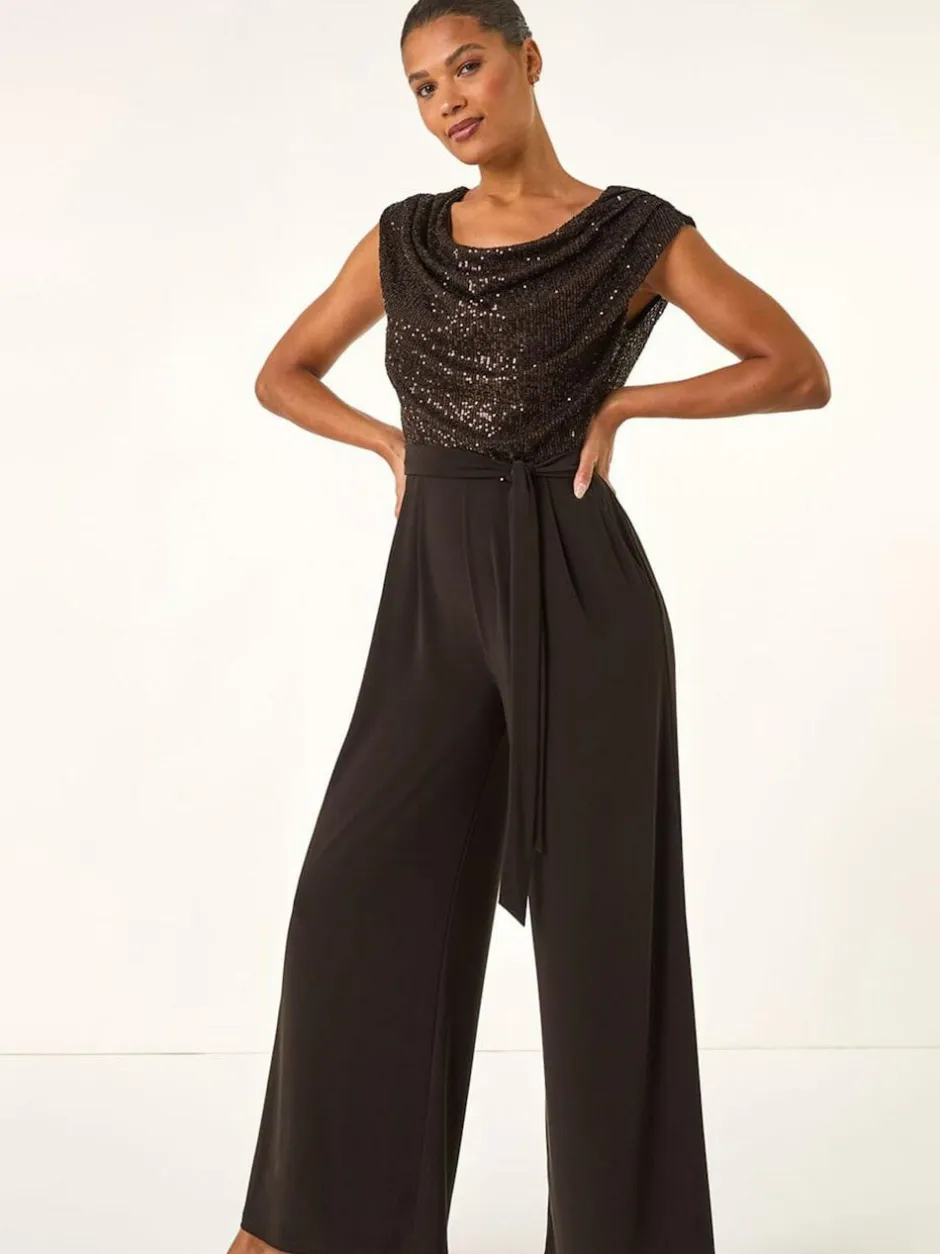 Roman Sequin Bodice Cowl Neck Jumpsuit Brown Clearance