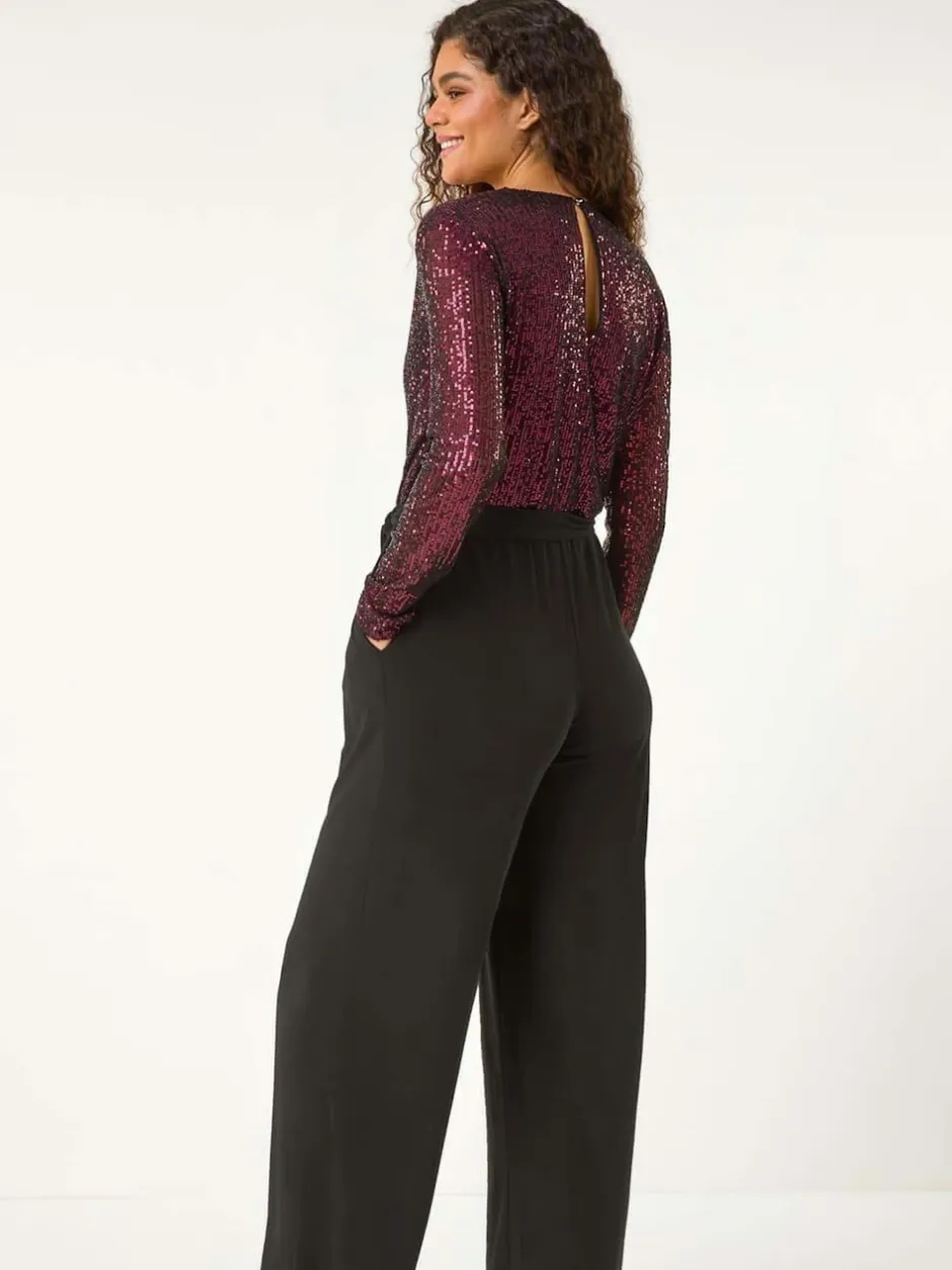 Roman Red Dark Sequin Wrap V-Neck Stretch Jumpsuit
