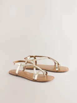 Next Rose Gold Leather Standard/Wide Fit Plait Strappy Toe Thong New