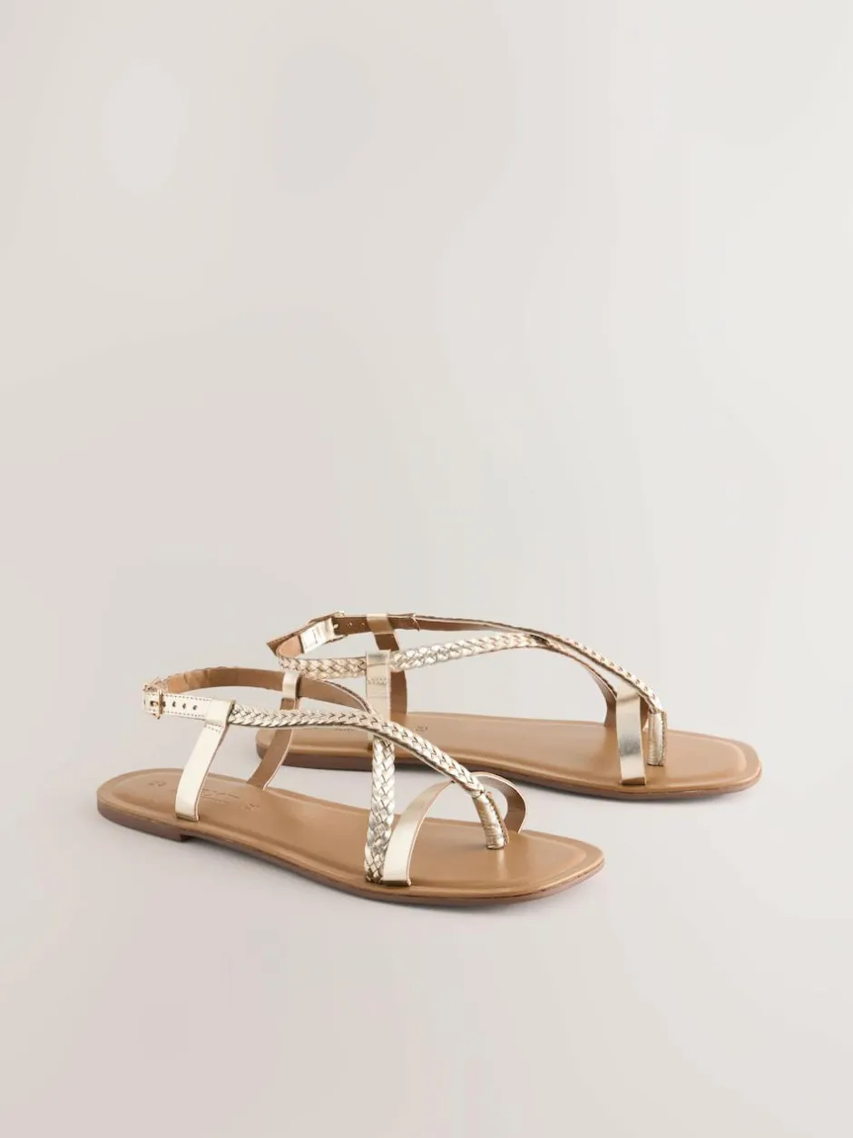 Next Rose Gold Leather Standard/Wide Fit Plait Strappy Toe Thong New