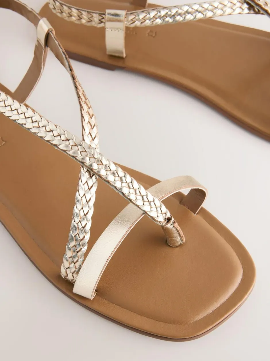 Next Rose Gold Leather Standard/Wide Fit Plait Strappy Toe Thong New