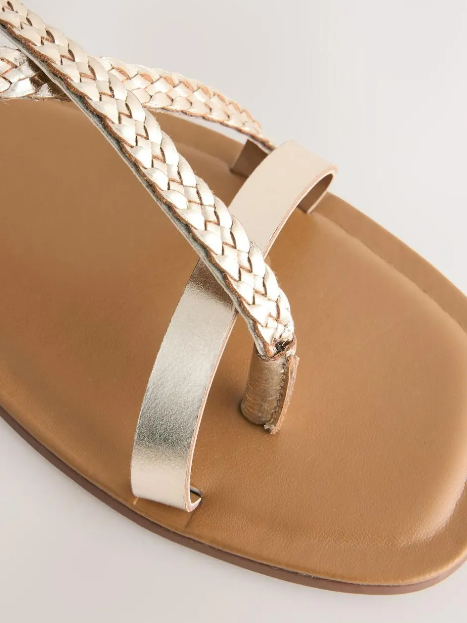 Next Rose Gold Leather Standard/Wide Fit Plait Strappy Toe Thong New