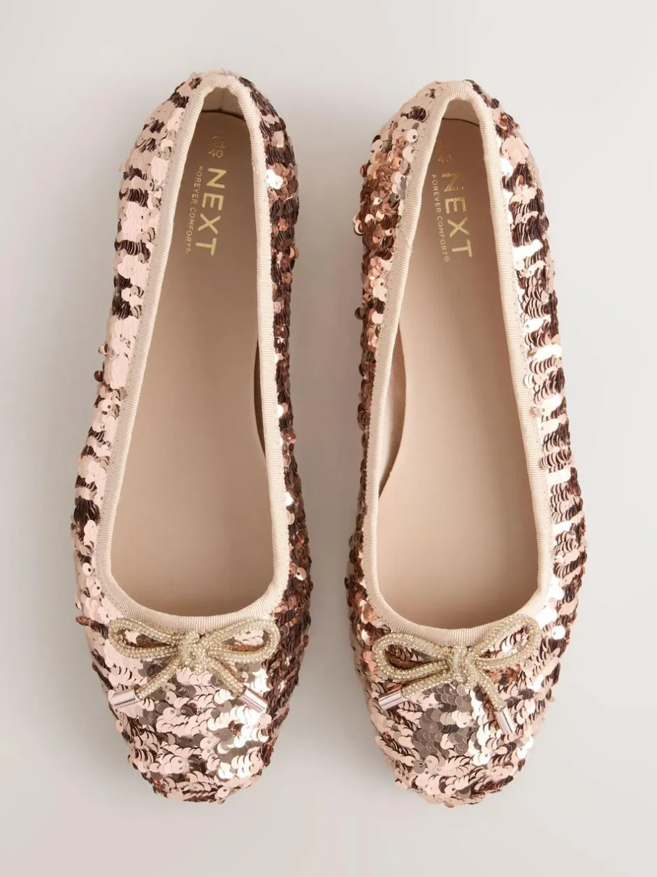 Next Rose Gold Sequin Standard/Wide Fit Round Toe Ballerina Shoes Hot