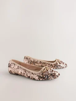 Next Rose Gold Sequin Standard/Wide Fit Round Toe Ballerina Shoes Hot