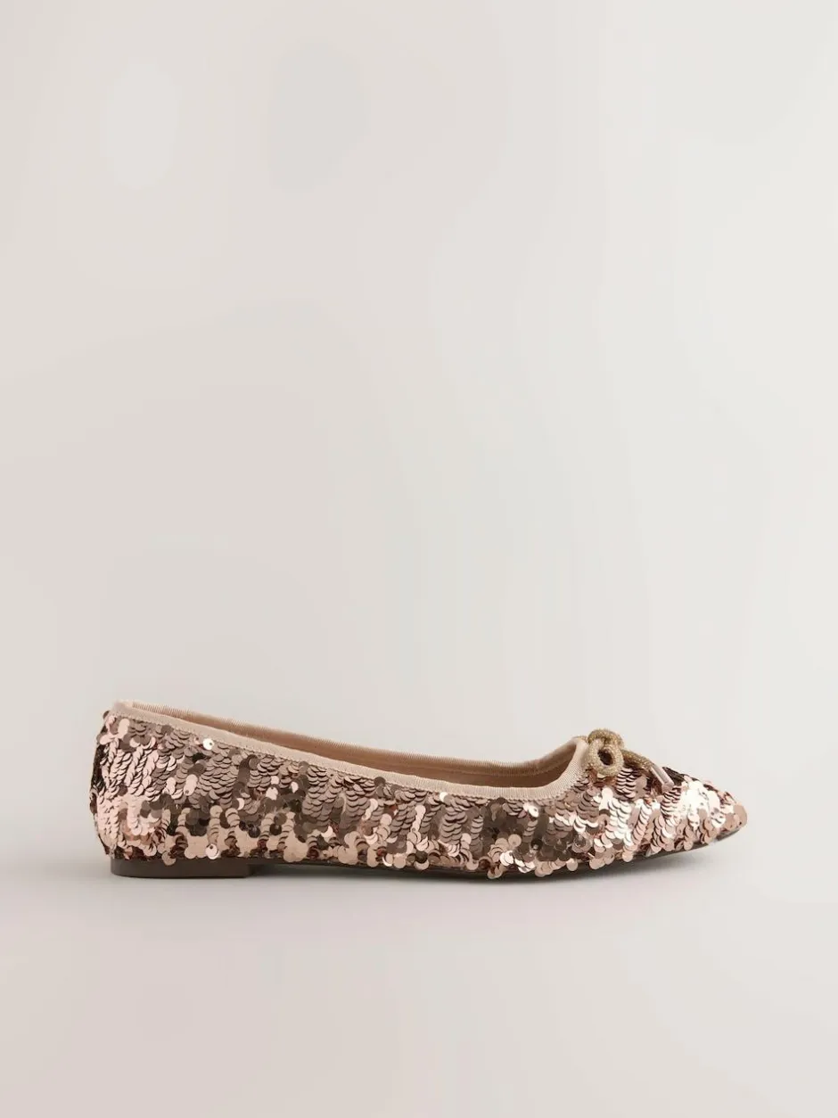 Next Rose Gold Sequin Standard/Wide Fit Round Toe Ballerina Shoes Hot