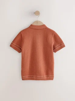 Next 100% Cotton Short Sleeve Knitted Polo Shirt (3-16yrs) Rust Brown Best