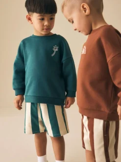 Next Rust Brown and Teal Crew Neck Sweatshirt and Shorts 2 Pack Set (3mths-7yrs) Outlet