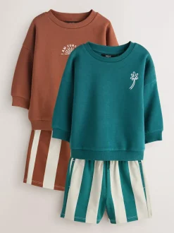 Next Rust Brown and Teal Crew Neck Sweatshirt and Shorts 2 Pack Set (3mths-7yrs) Outlet