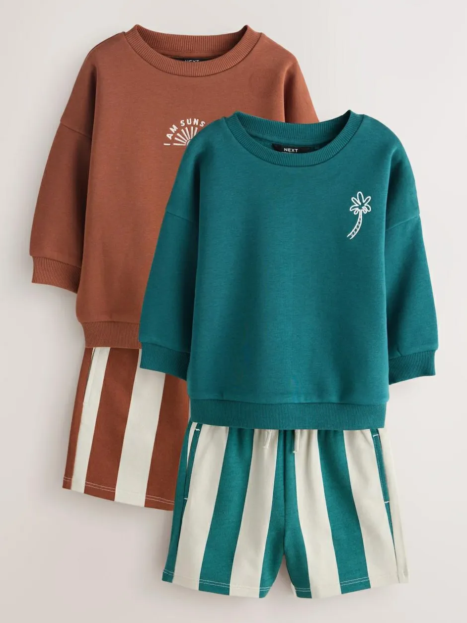 Next Rust Brown and Teal Crew Neck Sweatshirt and Shorts 2 Pack Set (3mths-7yrs) Outlet