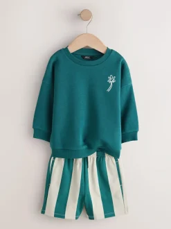 Next Rust Brown and Teal Crew Neck Sweatshirt and Shorts 2 Pack Set (3mths-7yrs) Outlet