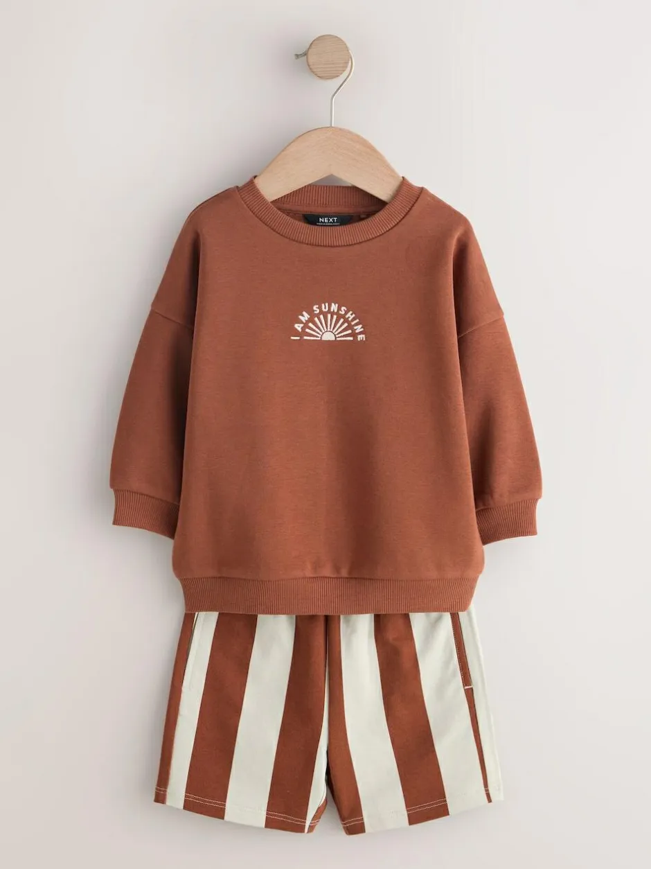 Next Rust Brown and Teal Crew Neck Sweatshirt and Shorts 2 Pack Set (3mths-7yrs) Outlet