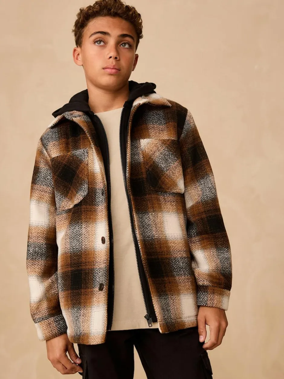 Next Borg Lined Hooded Check Shacket (3-16yrs) Rust Brown Online