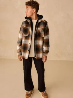 Next Borg Lined Hooded Check Shacket (3-16yrs) Rust Brown Online