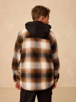 Next Borg Lined Hooded Check Shacket (3-16yrs) Rust Brown Online