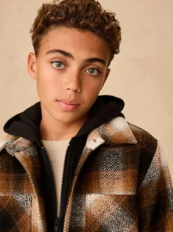 Next Borg Lined Hooded Check Shacket (3-16yrs) Rust Brown Online
