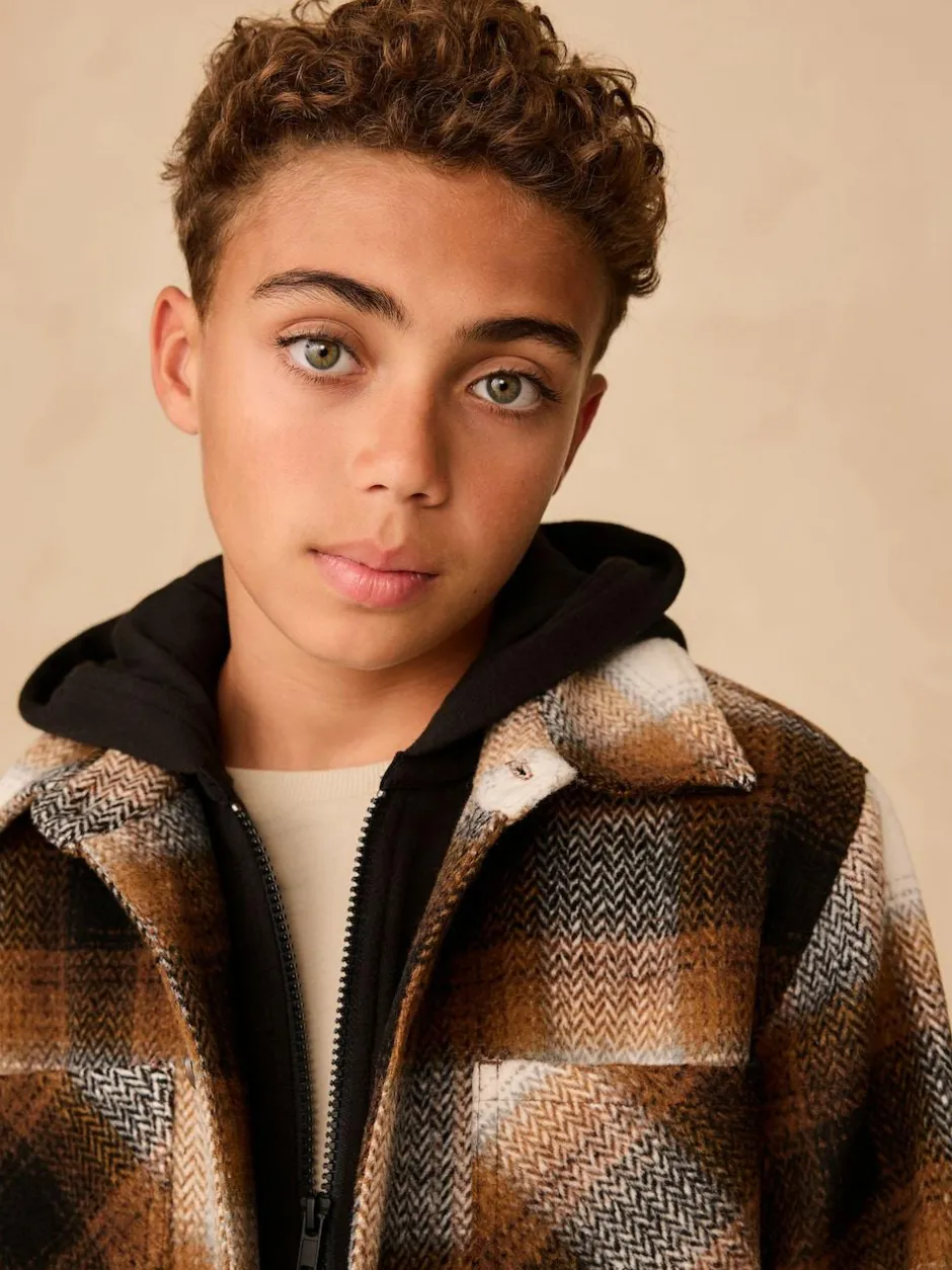 Next Borg Lined Hooded Check Shacket (3-16yrs) Rust Brown Online