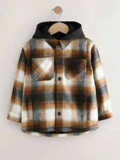 Next Borg Lined Hooded Check Shacket (3-16yrs) Rust Brown Online