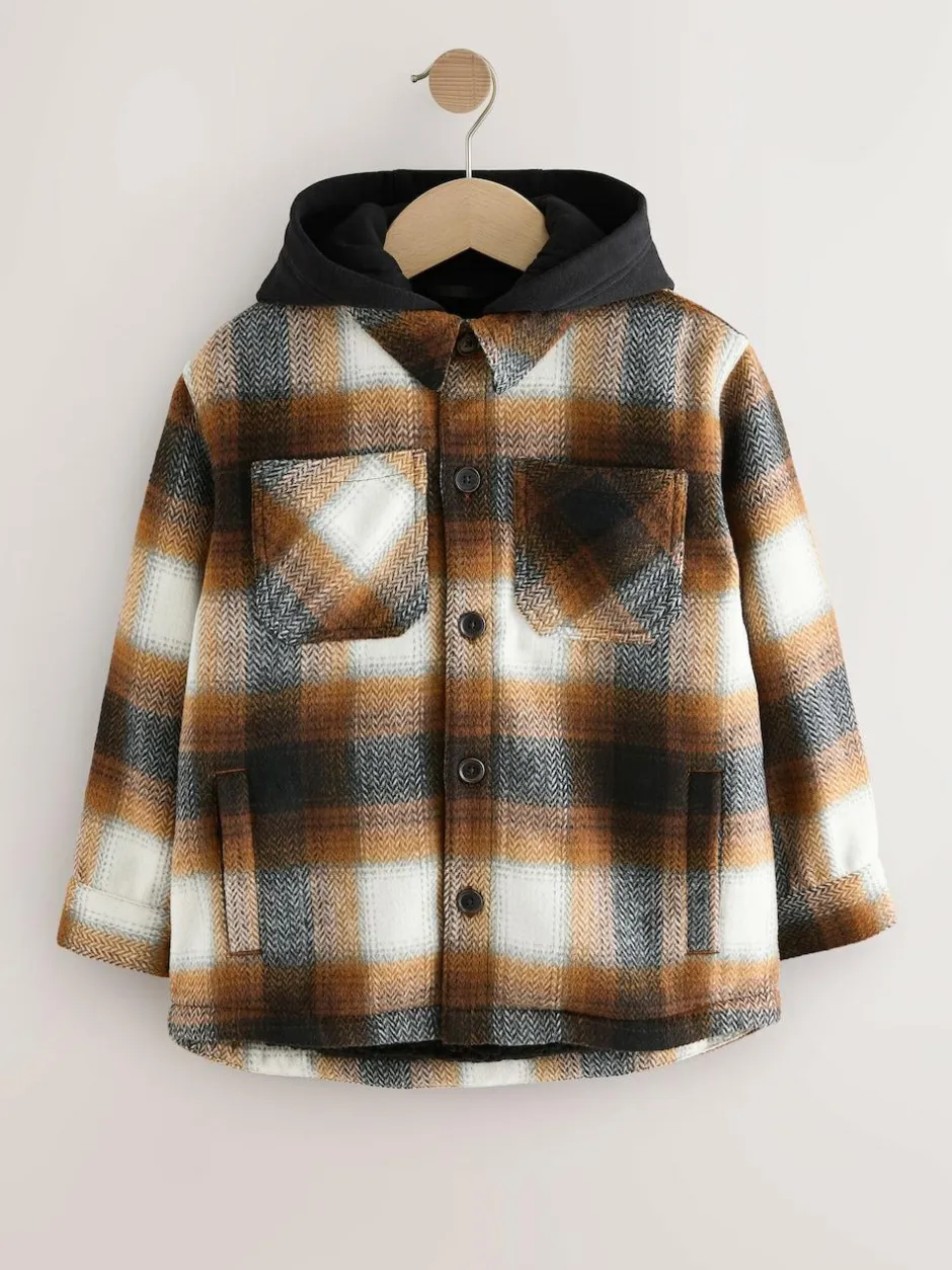 Next Borg Lined Hooded Check Shacket (3-16yrs) Rust Brown Online