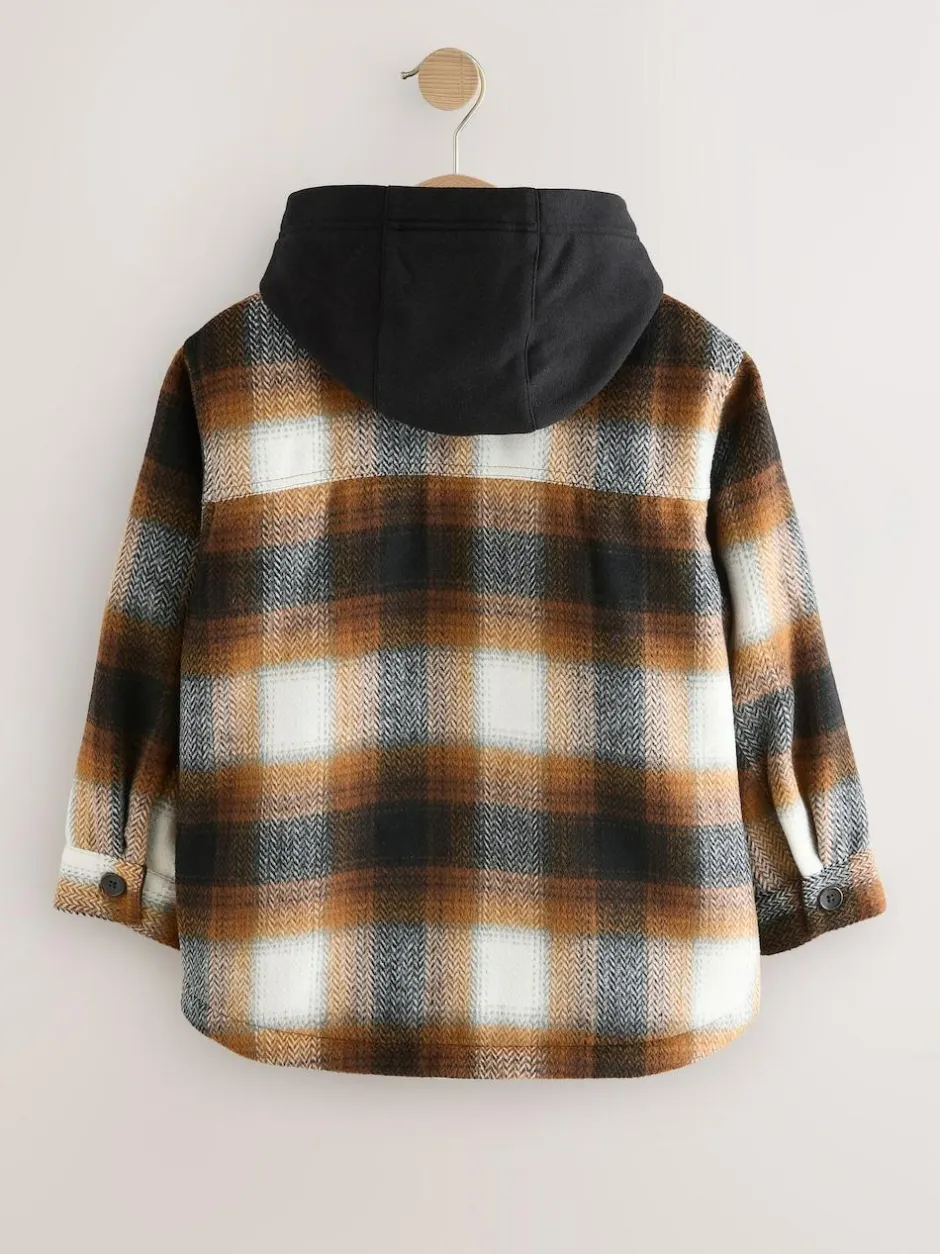 Next Borg Lined Hooded Check Shacket (3-16yrs) Rust Brown Online